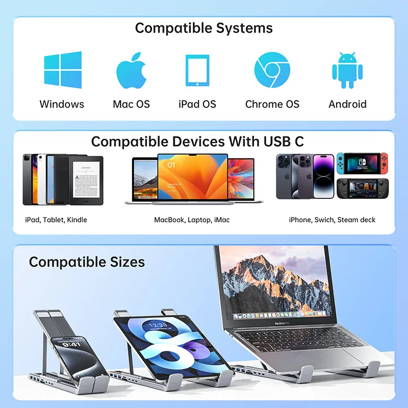 USB C 3.1 허브, USB 3.0, 8in1 SD/TF 카드 리더, 인체공학적 조절 가능 휴대용 맥북 알루미늄 노트북용 노트북 스탠드
