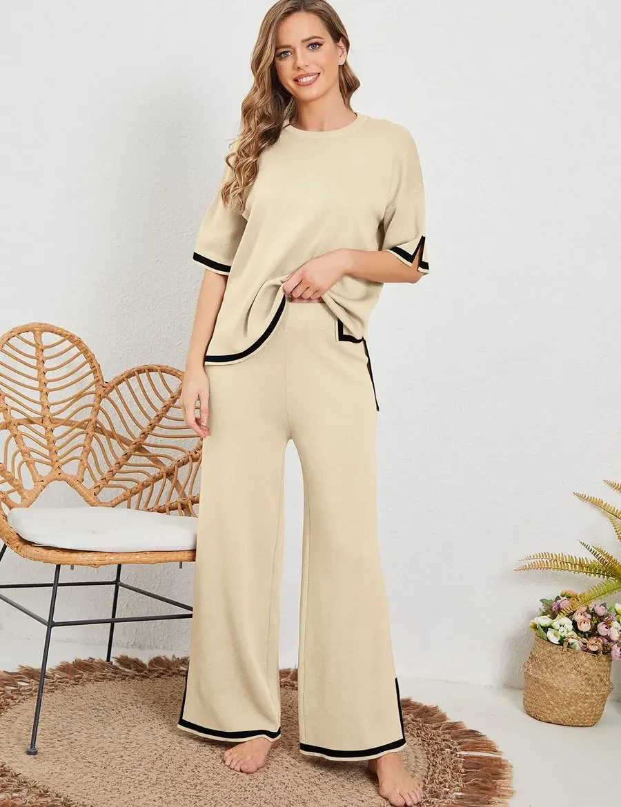 Classy Elastic Knit Lounge Set Euro Designer Women Pajamas