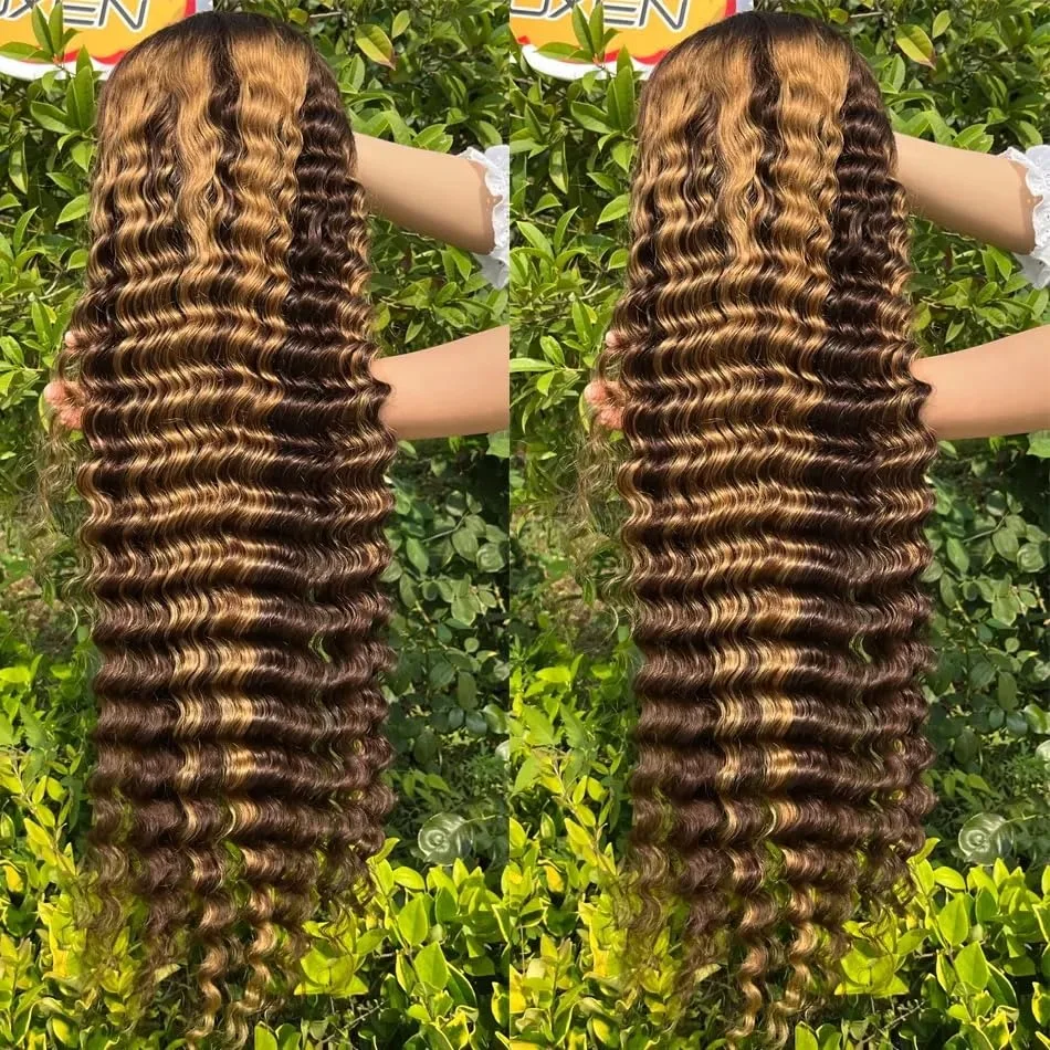 34 Inch Highlight Deep Wave Lace Front Wigs Human Hair 250% Density Deep Curly Human Hair Wig Pre Plucked P4/27 Ombre Lace Frontal Wigs With Baby Hair For Women 4