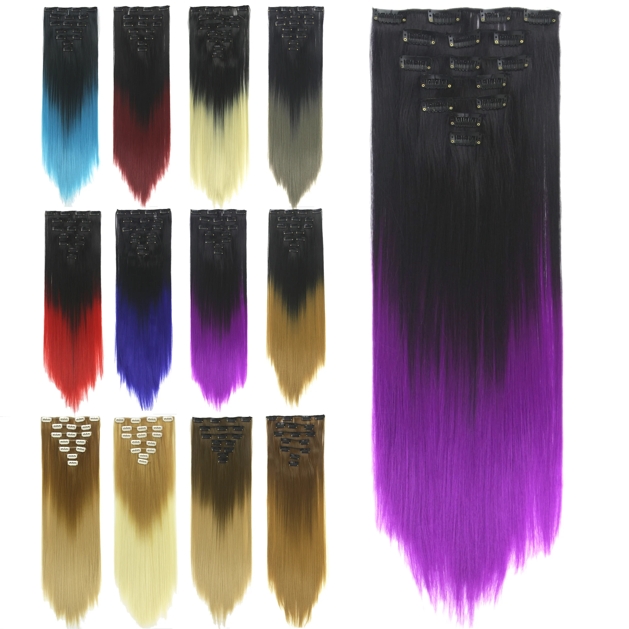 Soowee Synthetic Hair Ombre Color Blonde Red Clip In hair extensions Purple Hairpiece Clips Fake Piece for Women