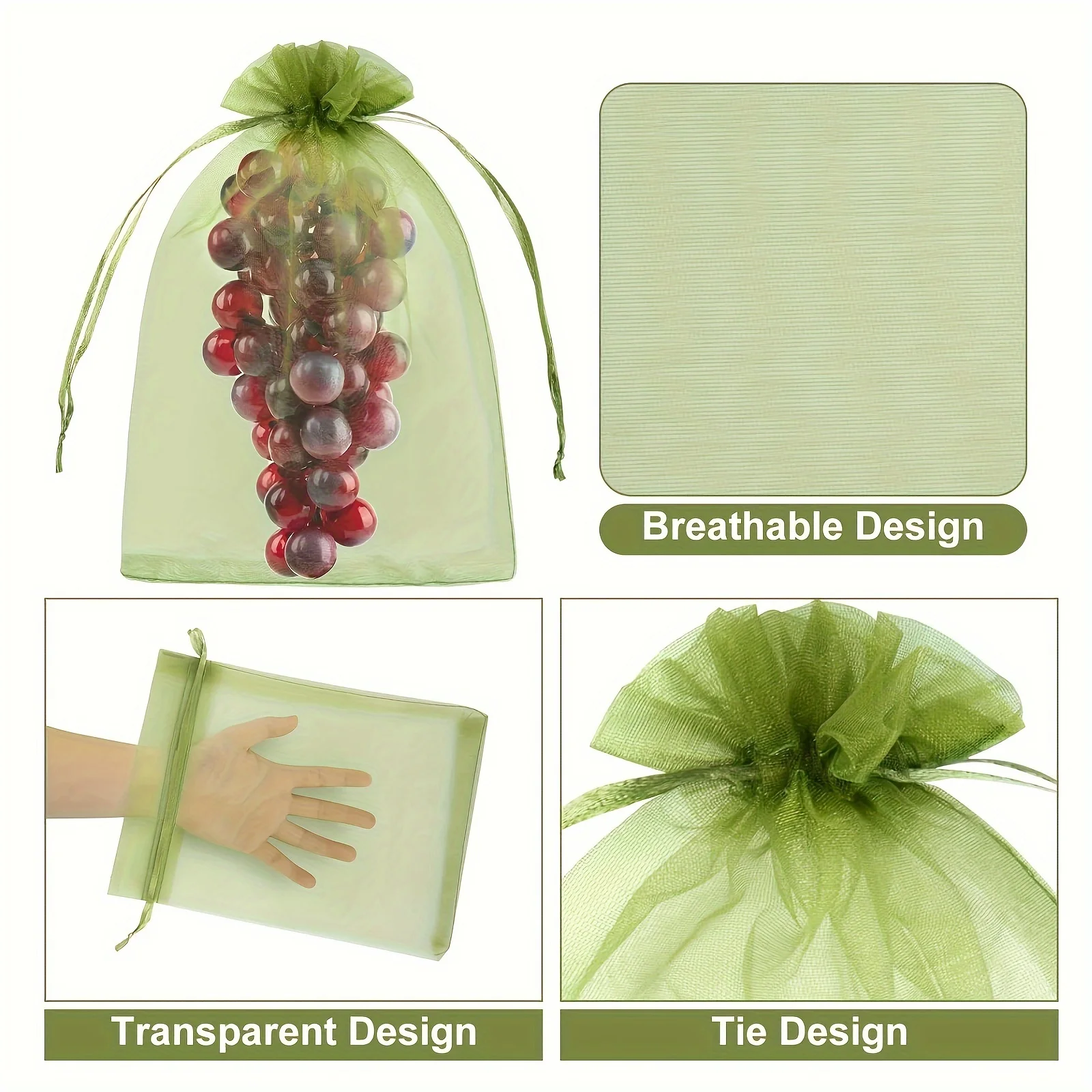 Reusable Drawstring Green Pest Barrier Net Bags for Garden Fruits and Vegetables