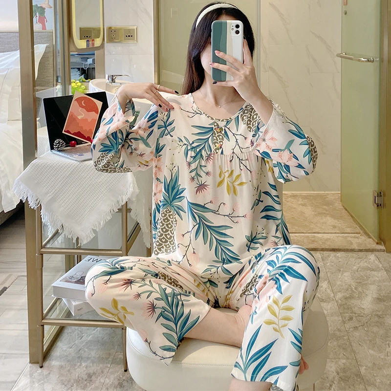 

Autumn Woman Pajamas Set Cotton Silk Viscose Sleepwear Pullover Round Neck Long Sleeved Pyjama Female Home Clothes Two Piece Set