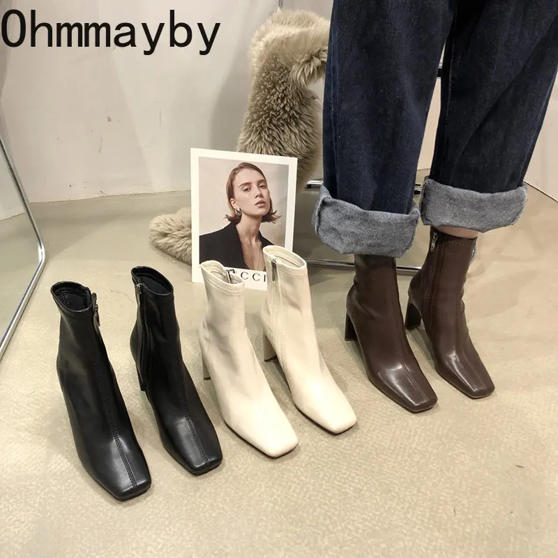 2023NewSoftPeatherLeatherWomenAnkleBootsFashionLadiesSquare