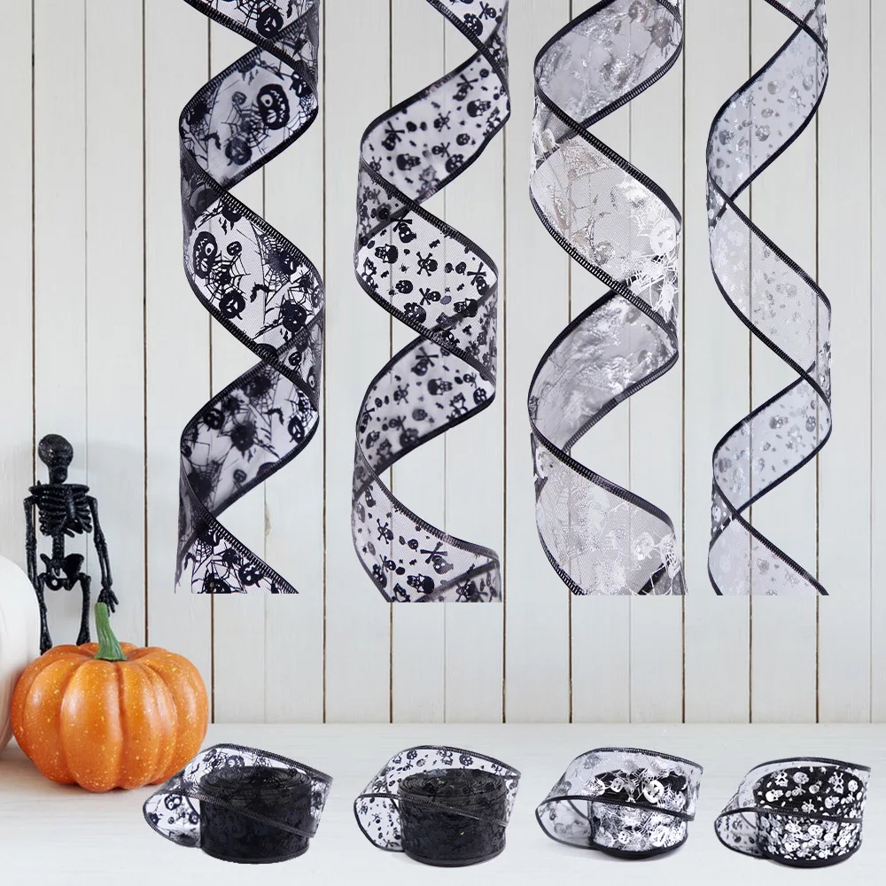 2M Halloween-Bänder mit Heißprägung in Silber und Schwarz, Totenkopf- und Fledermaus-Motiv, Schleifen für DIY-Bastelbedarf und Halloween-Dekoration 2026 – Detail 1
