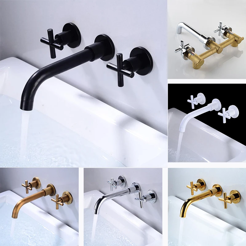 Bathroom Sink Mixer Hot & Cold Basin Tap For Antique Black Brass Double Handle Wall Mounted