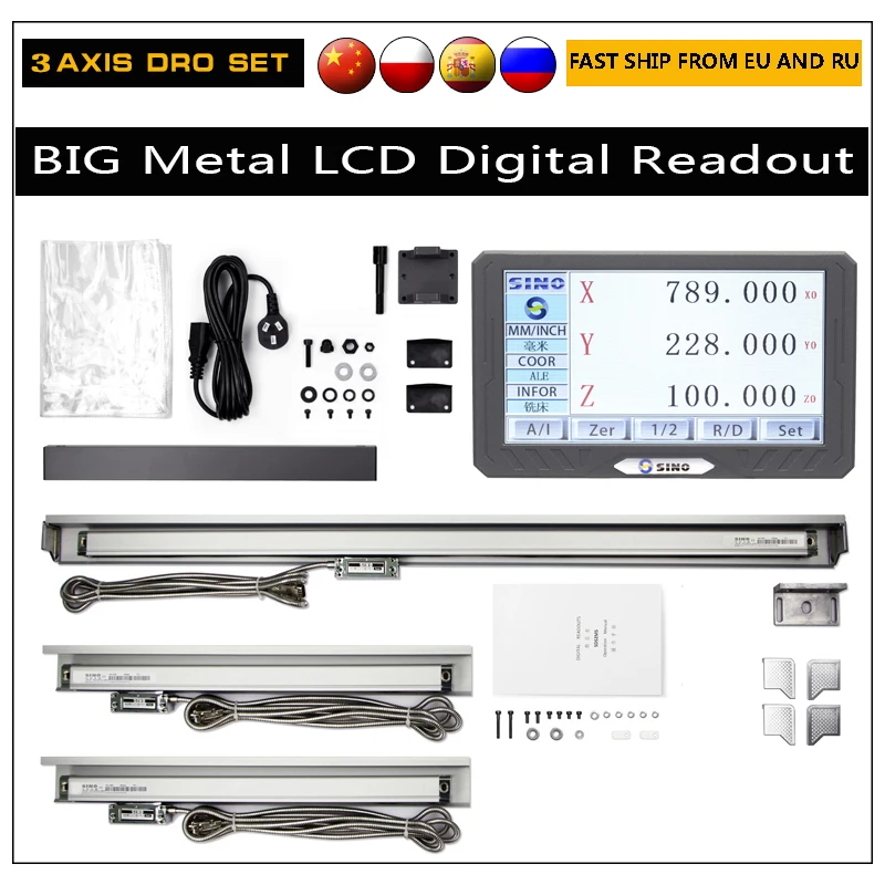 SINO 3 축 DRO 디지털 판독 디스플레이 키트, LCD 터치 스크린, 5um 스케일 선형 인코더, 격자 눈금자 선반 밀링 도구, 0.005mm
