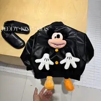 Cartoon Mouse Jacket Black Long Sleeve Leather Top Boys Girls Causal Coat Outdoor Zipper Biker Jacket for Kids