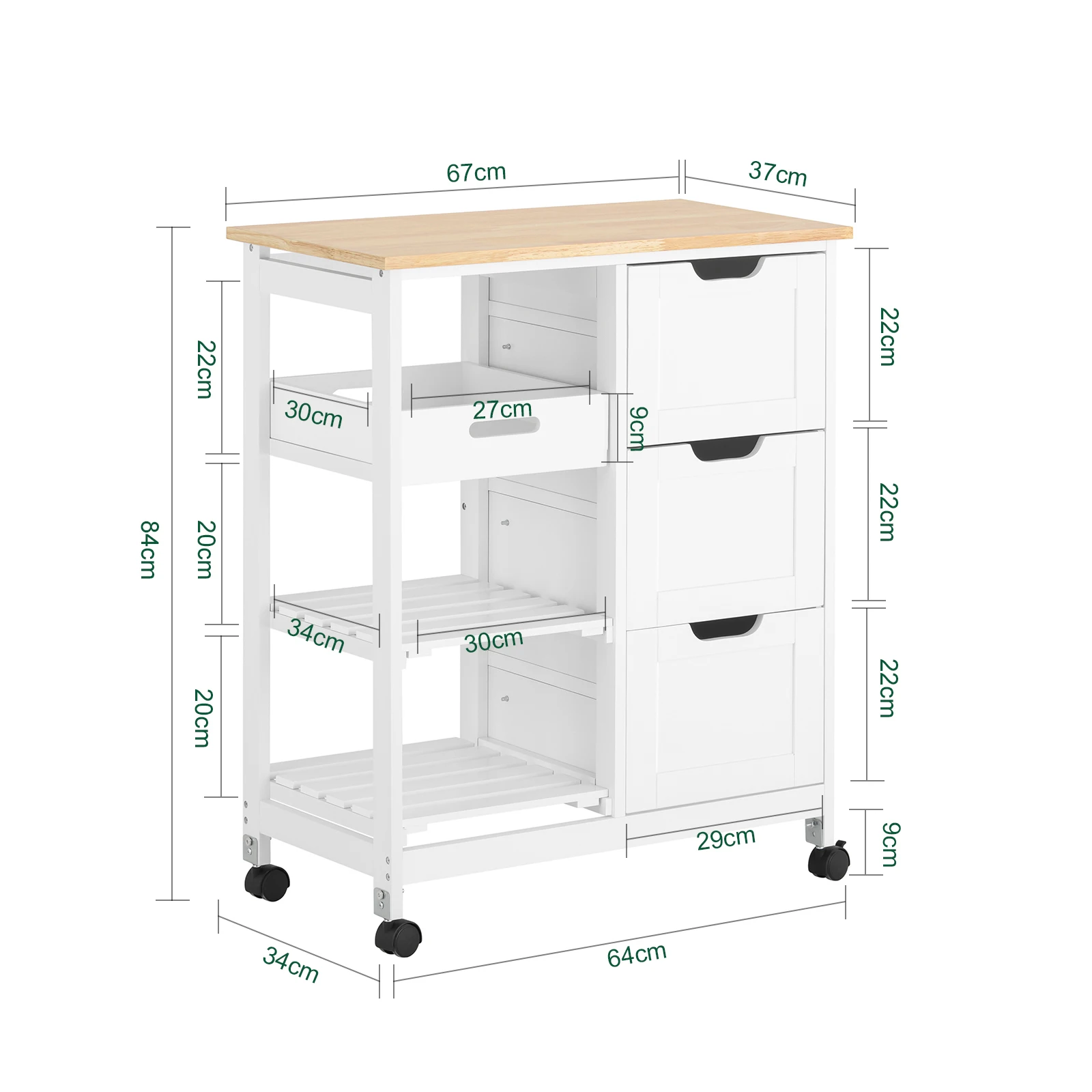 SoBuy FKW79 Küchenwagen zum Rollen mit 2 abnehmbaren Ablagen und 1 Tablett Rollwagen Für Küche, Wohnzimmer, Esszimmer – Detail 3