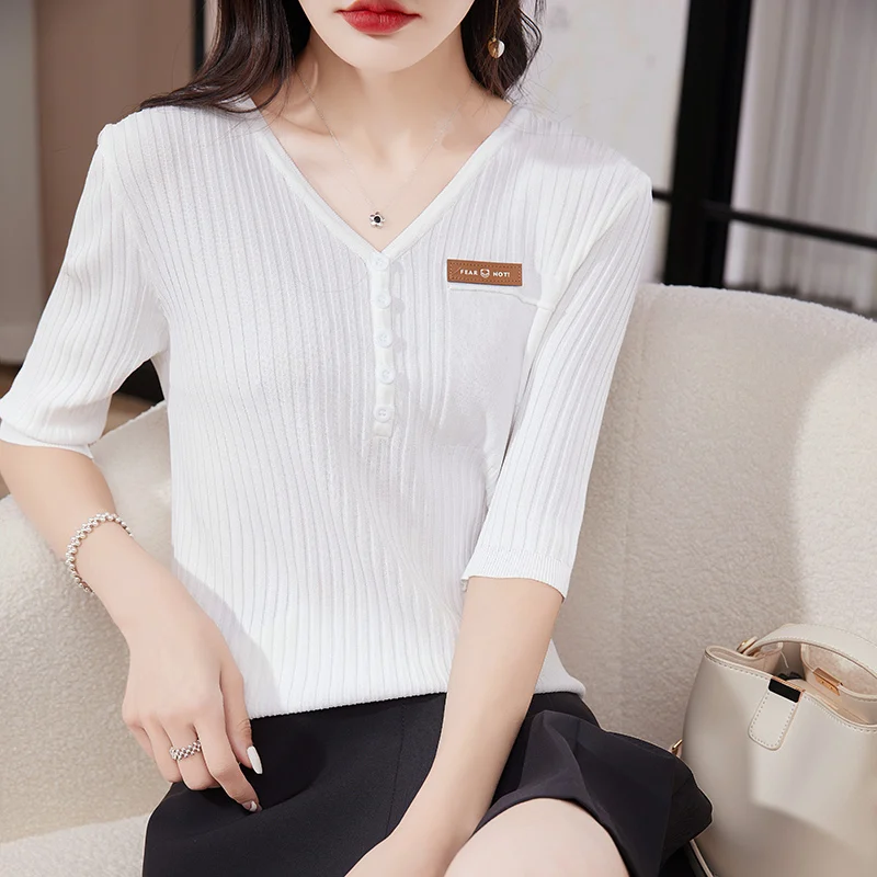 

Ice Silk Knitted Short Sleeve T-Shirt Female V-Neck Pullover Simple Solid Color Bottoming Joker Temperament Blouse Female