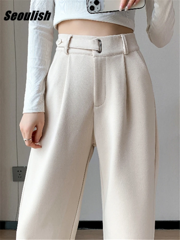 

Seoulish Autumn Winter Thicken Woolen Casual Loose Full Length Pants 2023 New Button High Waist Chic Wide Leg Trousers Female