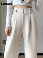 Seoulish Autumn Winter Thicken Woolen Casual Loose Full Length Pants 2023 New Button High Waist Chic Wide Leg Trousers Female 1