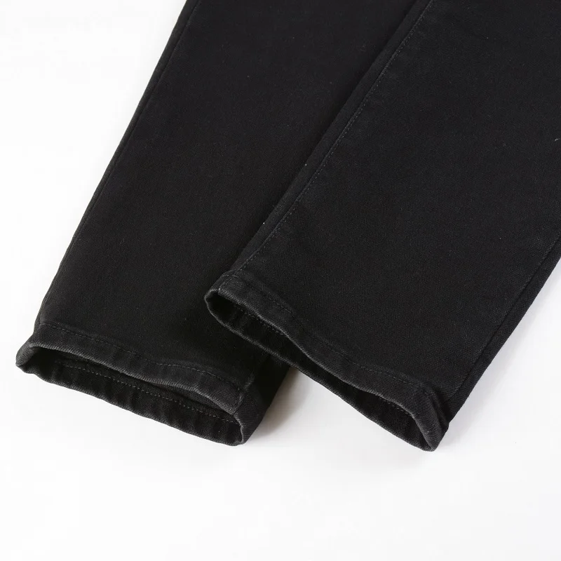 Men Leather Patch Biker Jeans for Motorcycle Streetwear Holes Ripped Patchwork Stretch Denim Pants Black Skinny Tapered Trousers 6