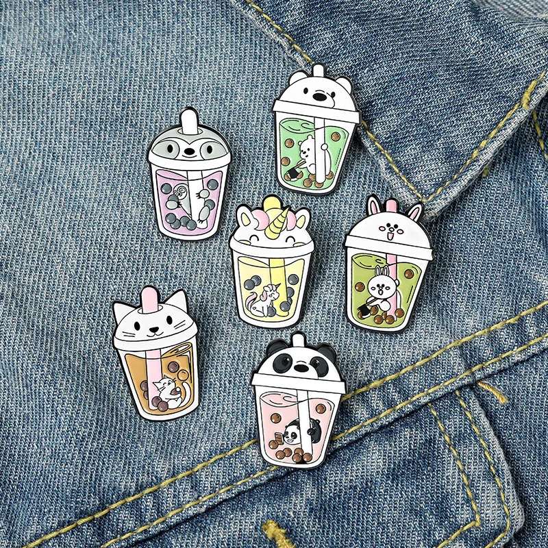 Cute Bubble Tea Spille Smaltate Tapioca Spilla Da Tè Al Latte Con Animali Panda Cats Unicorno Badge Zaino Vestiti Gioielli Regali