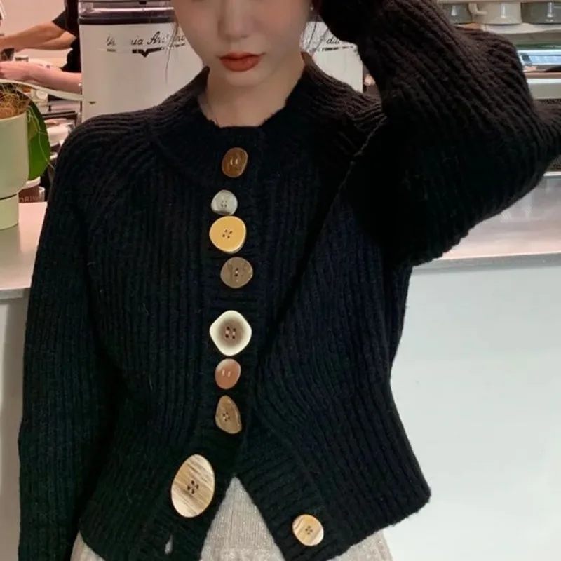 Half High Collar Office Lady Autumn Winter Solid Color Women's Pullover Sweater Knitted Long Sleeve Button Up All-match Tops 3