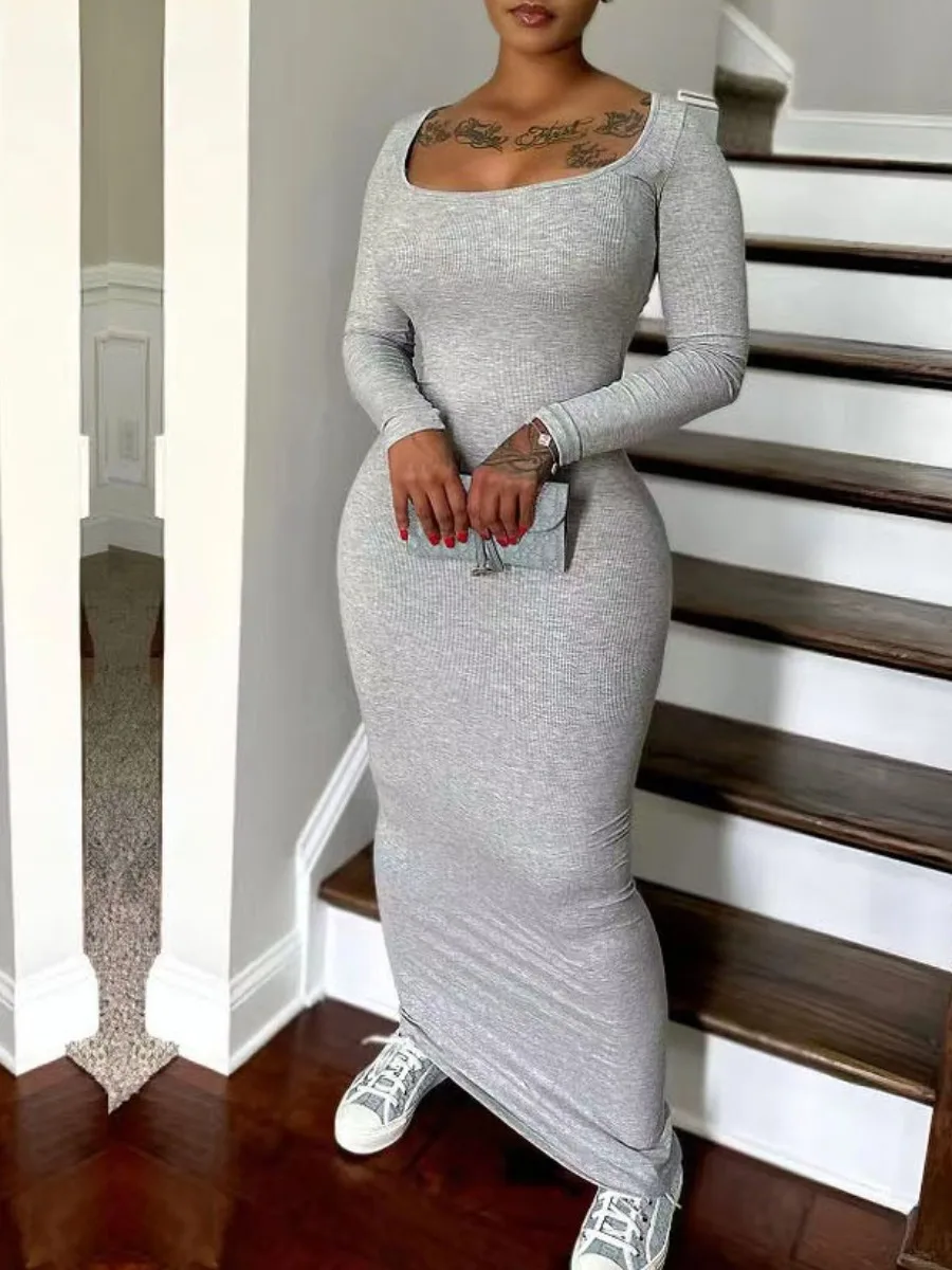 

LW Autumn & Winter Basic Women Casual Solid Long Dresses Sexy Square Collar Knitted Stretch Bodycon Maxi Dress 2023 New