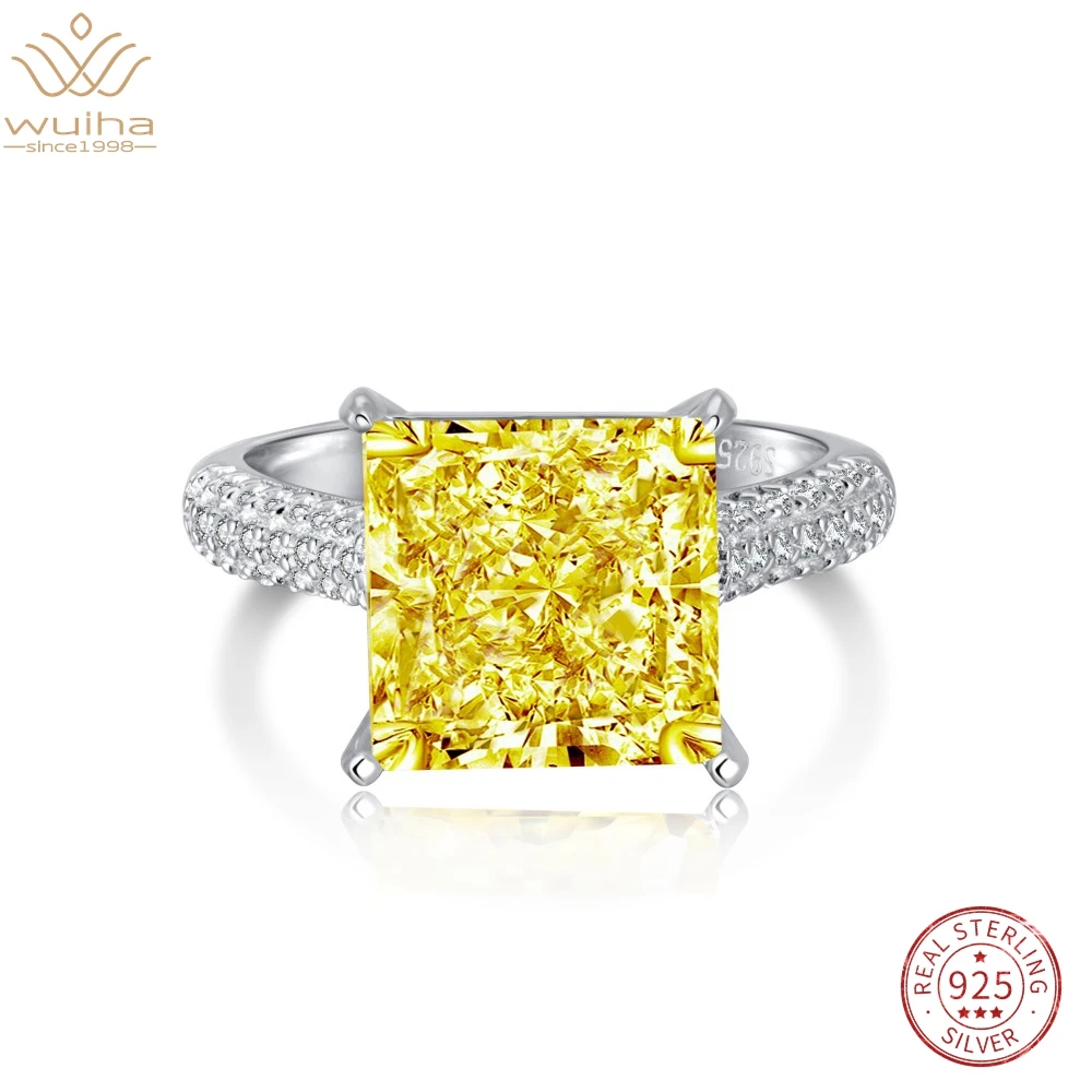 

WUIHA 925 Sterling Silver Crushed Ice Princess Cut 6CT VVS Yellow Sapphire Synthetic Moissanite Ring for Women Gift Dropshipping