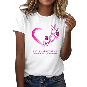 Breast Cancer Awareness T-shirt Women Pink October Short Sleeves Tees Tops Crew Neck Butterfly Heart Graphic T Shirts 3