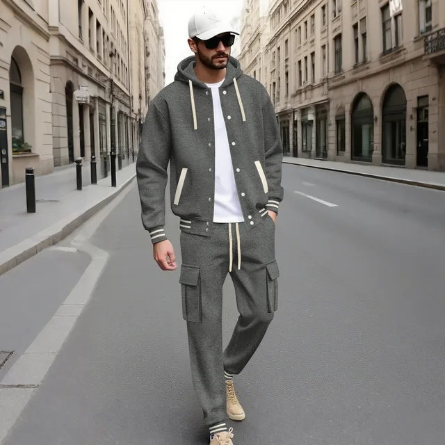 Nouvel ensemble décontracté pour homme, composé d'un sweat à capuche et d'un pantalon cargo. Poignets rayés pour un style streetwear sportif. 1