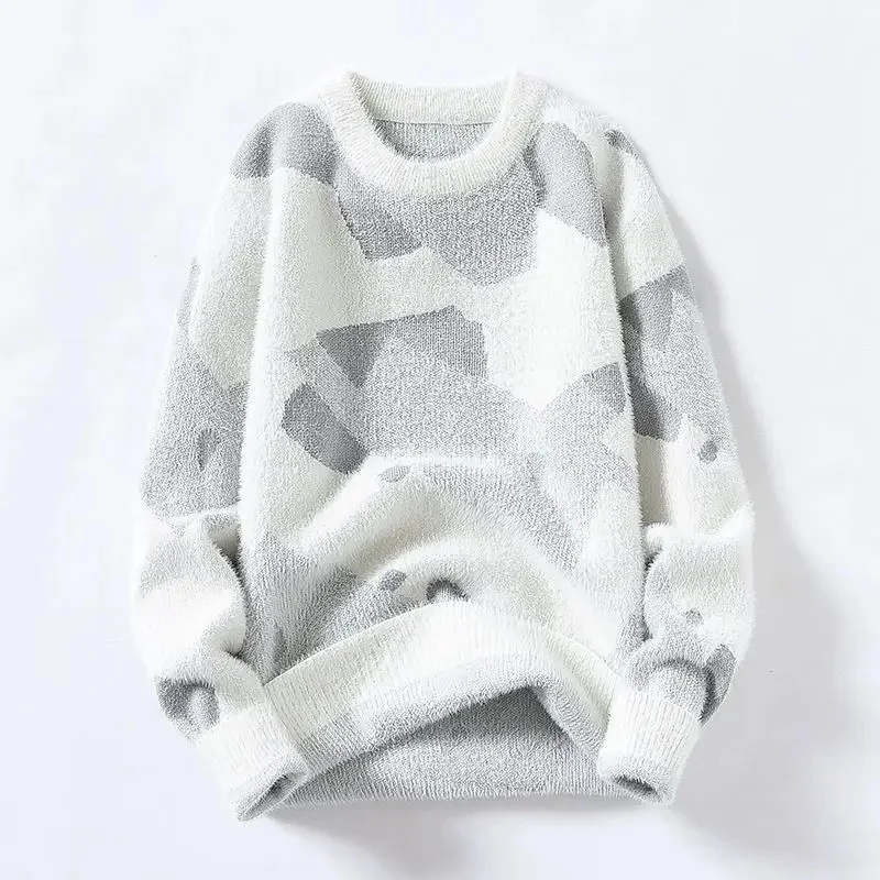 

2023 Men Autumn Winter New Imitation Mink Velvet Pullovers Male O-neck Print Knit Tops Men's Loose Casual Sweater L165