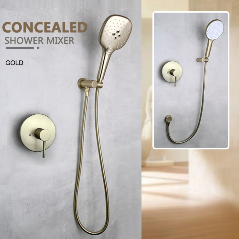 Brushed Gold ห้องน้ําชุดฝักบัวติดผนังปกปิดวาล์วทองเหลืองร้อนเย็นพร้อมขายึด Outlet 1.5 ท่อ 1