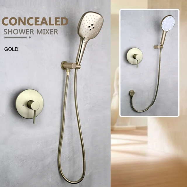 Brushed Gold ห้องน้ําชุดฝักบัวติดผนังปกปิดวาล์วทองเหลืองร้อนเย็นพร้อมขายึด Outlet 1.5 ท่อ 1