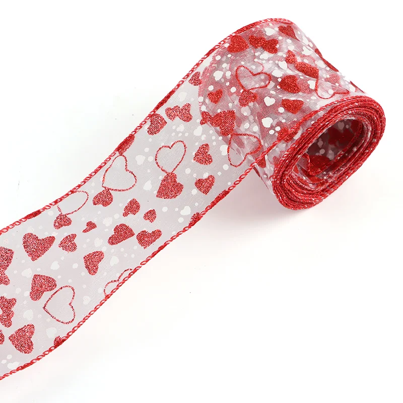 (6 Yards/pack) 63mm Valentine's Day Ribbon Peach Heart Wire Edge Ribbon Holiday Party Gift Box Decoration Atmosphere Photo DIY