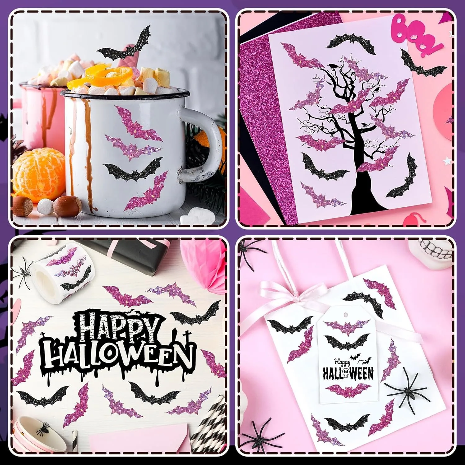 500 Stück Halloween-Fledermaus-Aufkleber, Rolle, Laser, schwarze Fledermaus, wasserdicht, 3 Designs, glitzernde selbstklebende Aufkleber für Halloween-Party – Detail 14