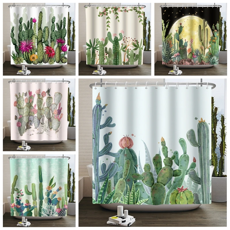 

Cactus Shower Curtain Tropical Green Plant Waterproof Fabric Bathtub Screen Botanical Petal Bathroom Curtains With Hooks 180x200