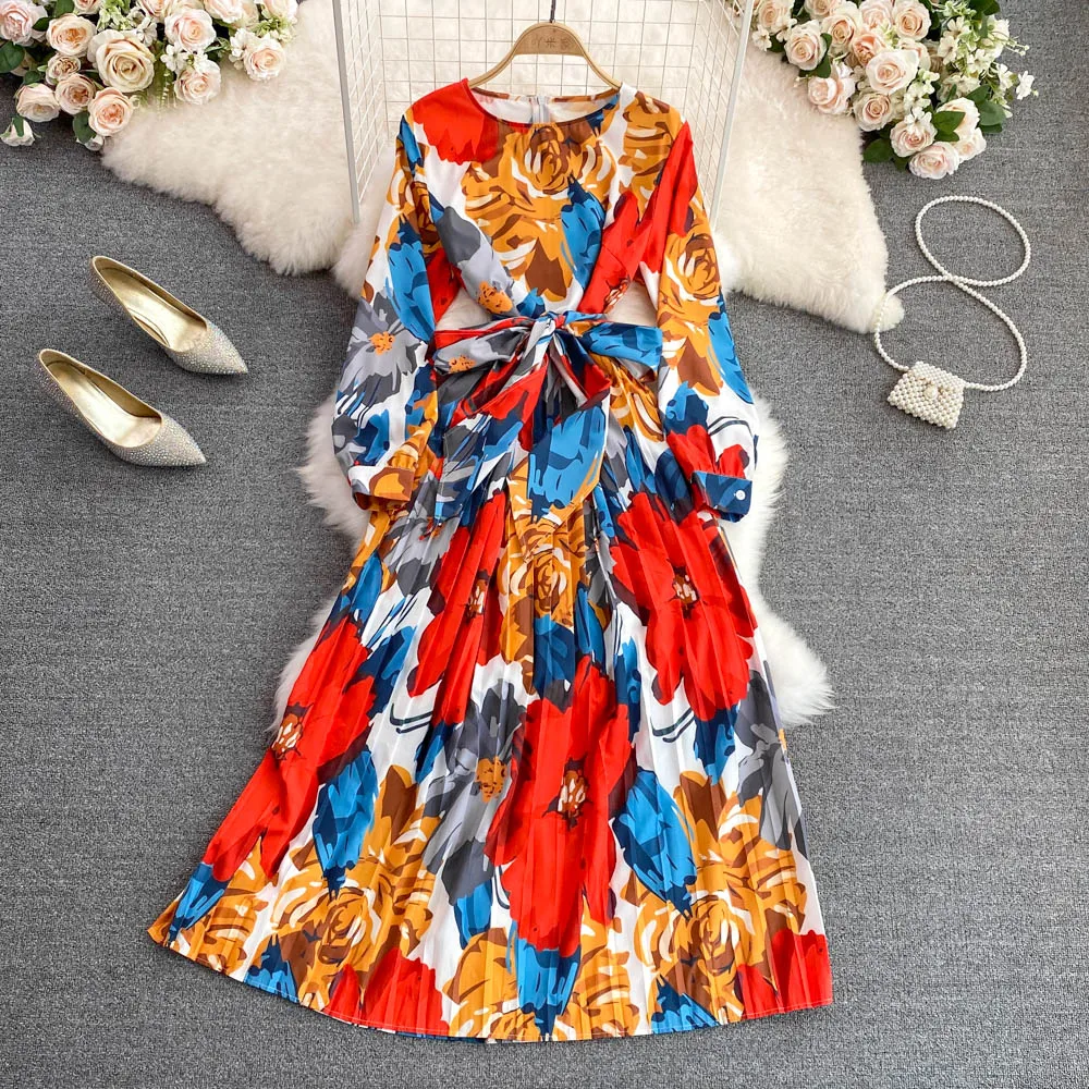 

Round Neck Loose and Thin Belted Long-sleeved Printed Chiffon Pleated Dress Fashionable and Elegant A-line Long Dress