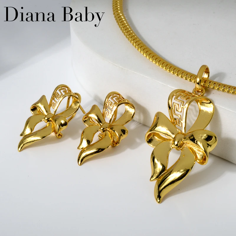 

Dubai Gold Color Collar Necklace Jewelry Set For Women Elegant Bow Dangle Earring Set Italy Wedding Party Jewellery Wholesale