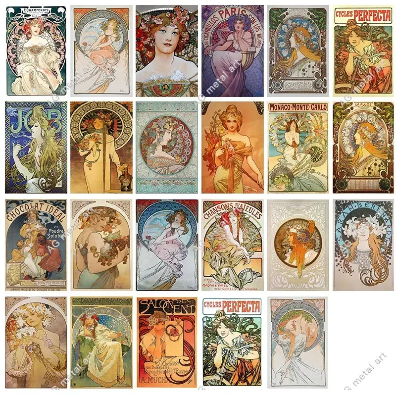 

Alphonse Mucha Poster Pin Up Girls Metal Tin Sign Art Painting Decorative Wall Plates Decor for Bar Cafe Home Wall Tin Plaques