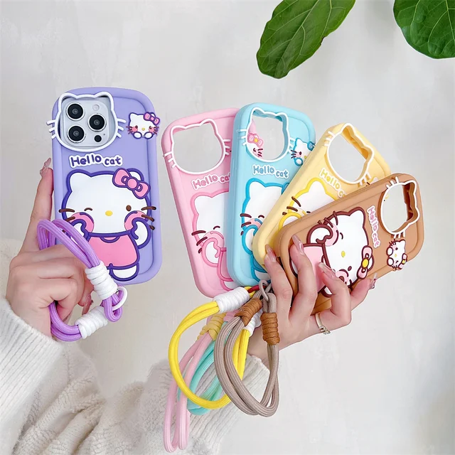 For iPhone 16 15 14 13 12 11 Pro Max X XR Xs Max 6 7 8 3D Cartoon Hello Kitty Silicone Phone Case With Wrist Strap Cute Cover 4