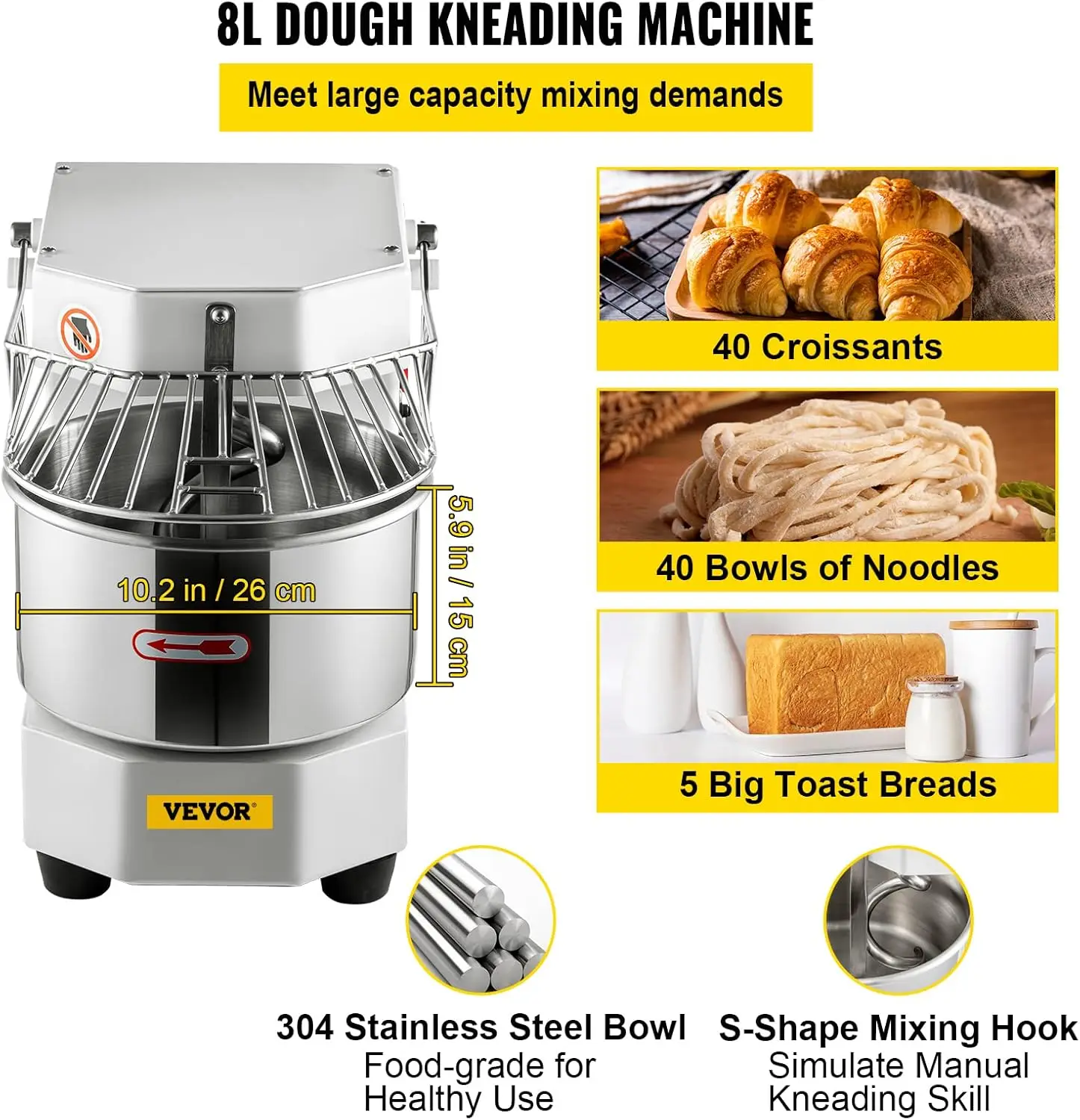 Commercial Food Mixer, 8.5Qt Capacity, 450W Dual Rotating Dough Kneading Machine with Food-grade Stainless Steel Bowl, Security 3