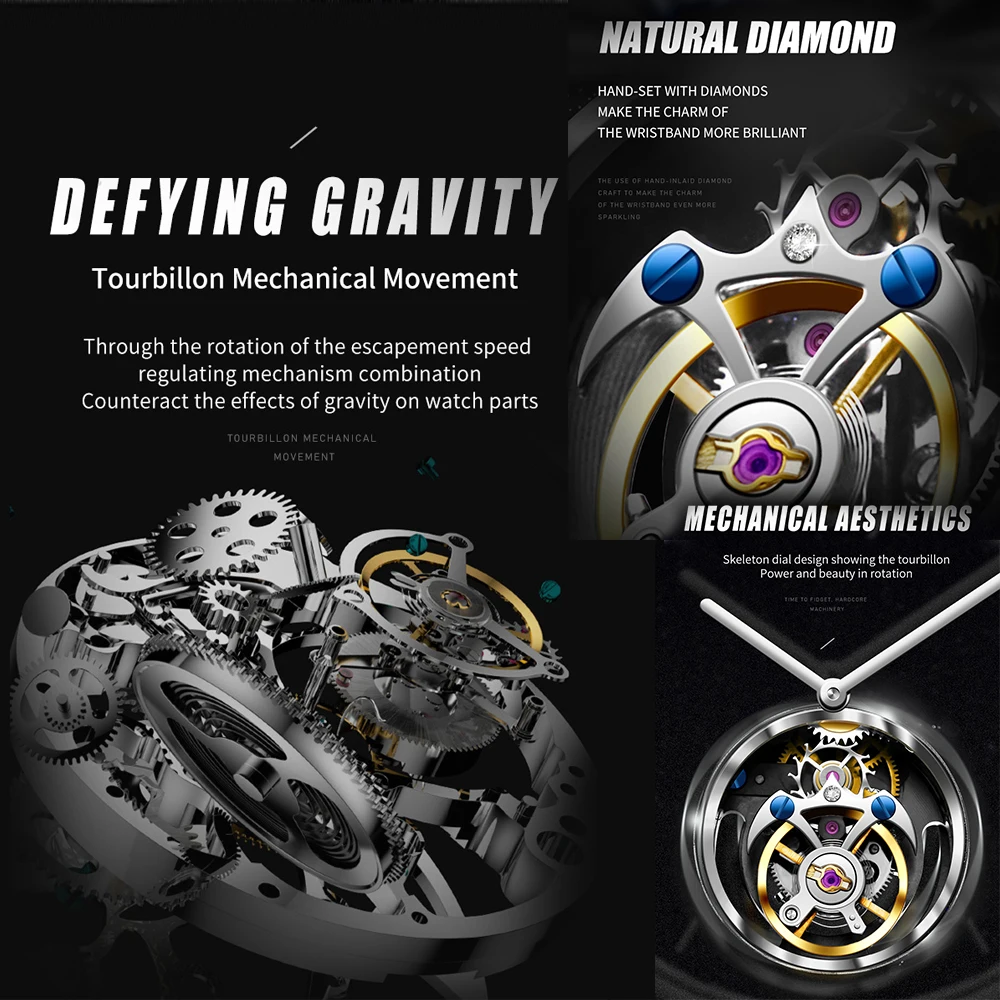 AESOP Waterproof Tourbillon Wristwatches 100% Real Diamond Flying Skeleton Mechanical Watches For Men 5Bar Hollow Sapphire Clock 4
