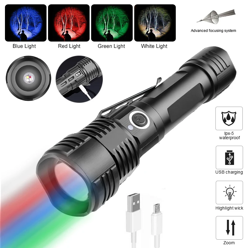 4in1 Tactical Zoomable LED Flashlight Red/Green/purp/White light Torch Outdoor Hunting Fishing Light Waterproof USB Rechargeable