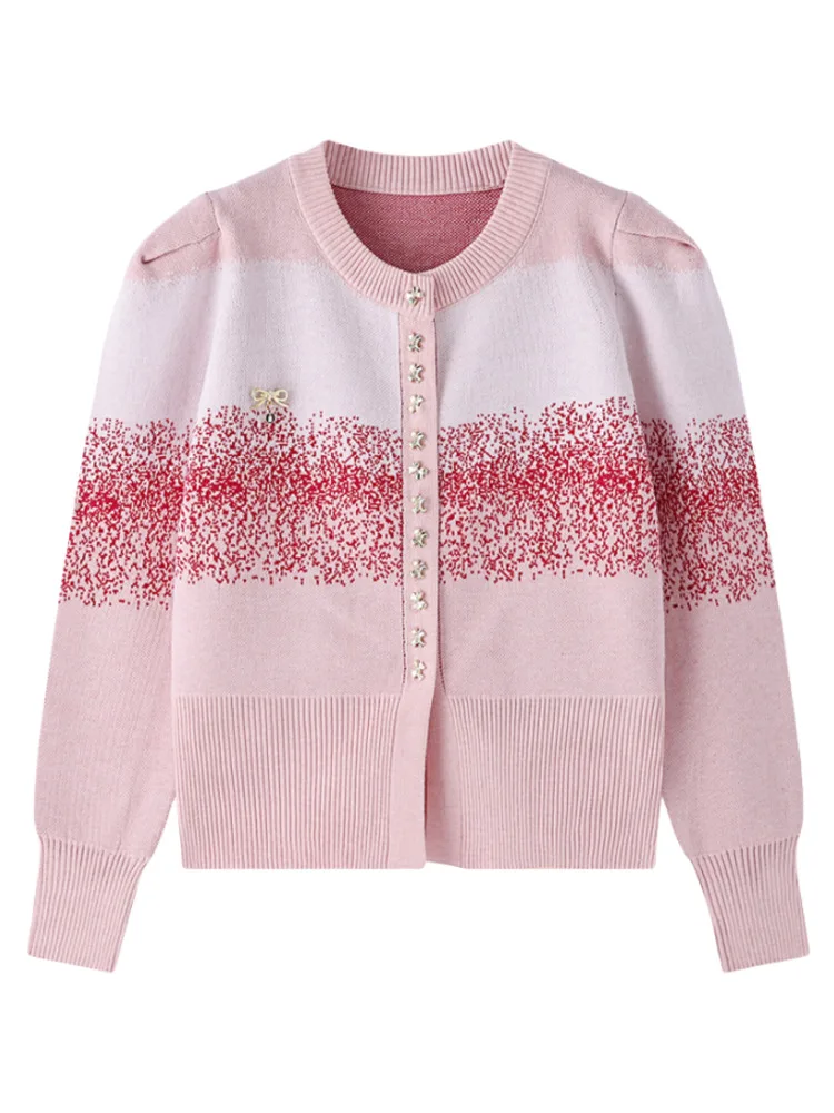 

Женский вязаный кардиган с длинным рукавом, повседневный однобортный джемпер розового цвета с градиентным бантом и О-образным вырезом, весна 2024