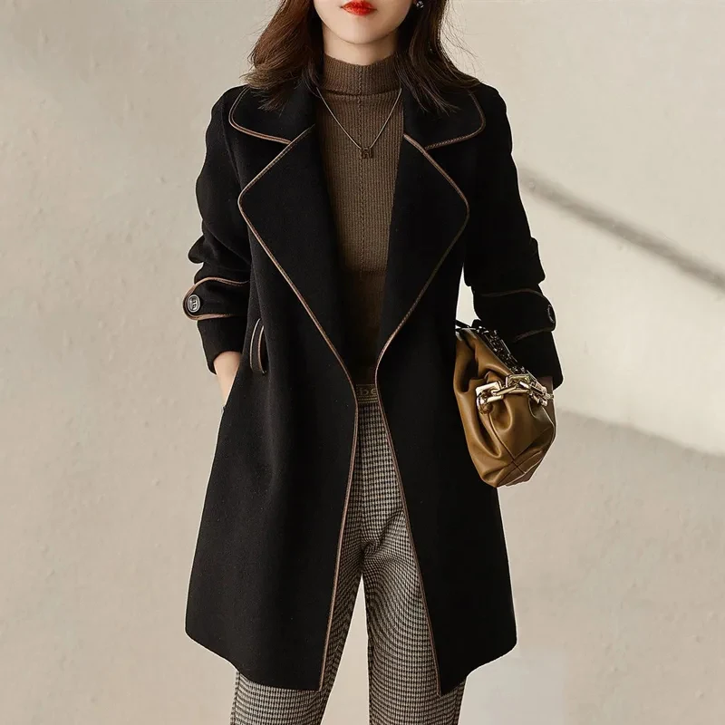 

Plus Size Women Autumn Winter Wool Coat Turn-Down Collar Lace-Up High Quality Wool Blends Jacket Chic Female Mid Length Overcoat