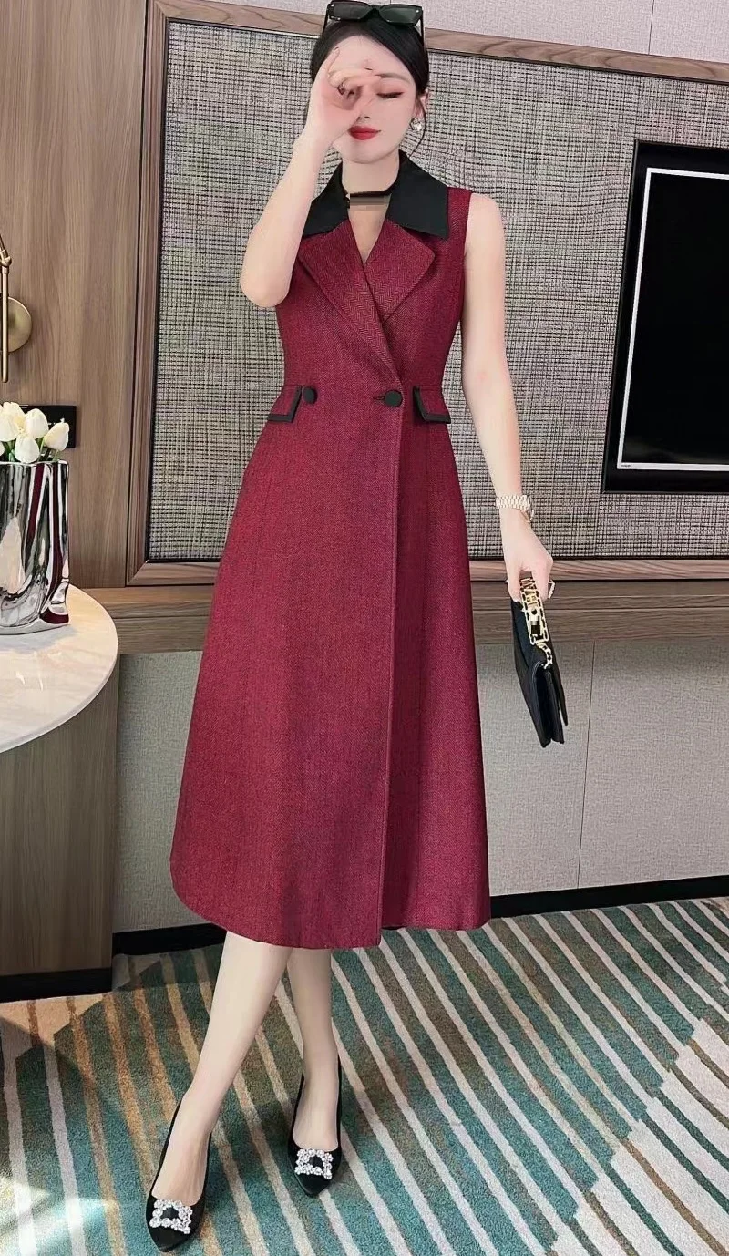 

Top Quality New 2022 Autumn Winter Dress Women Notched Collar Color Block Patchwork Sleeveless Mid-Calf Red Khaki Black Dress OL
