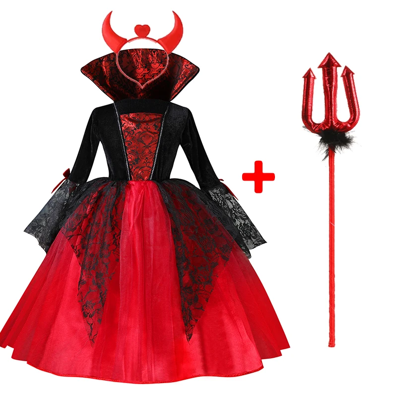 Girls Vampire Halloween Costume - Gothic Ghost Bride Carnival Dress in Black and Red