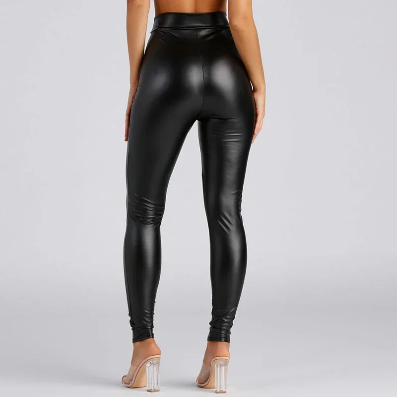 Vintage High Waist PU Leather Trousers Women Stretchy Pencil Pants Office Lady Bodycon Elastic Slim Leggings New Clubwear Custom stretchy bodycon pvc leather trousers women high waist zip faux latex cropped pants button office lady slim pencil pants custom