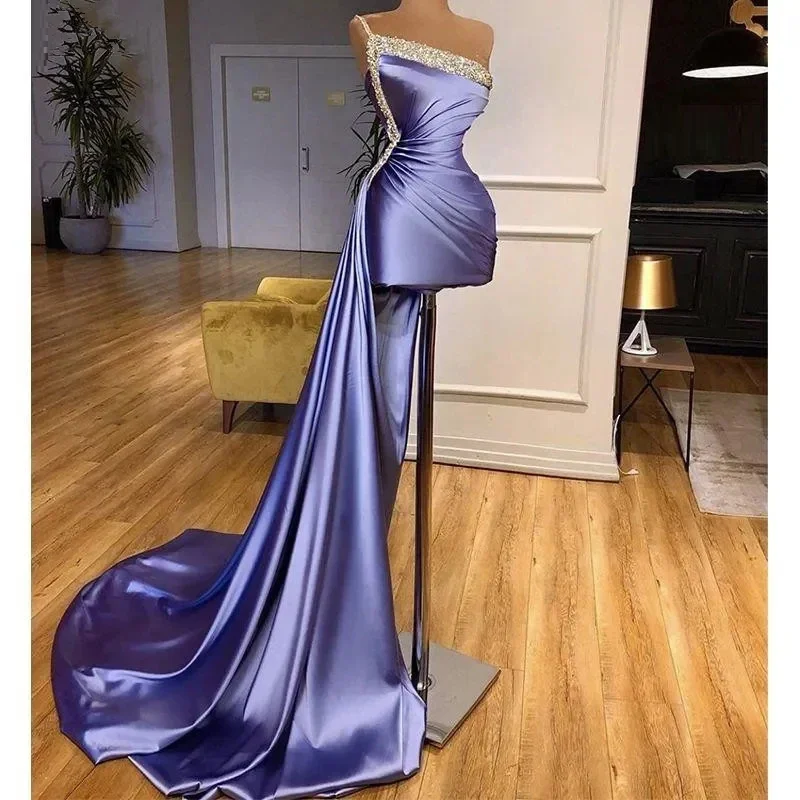 

Sexy Short Evening Dresses With Peplum Shiny Sequins Beaded One Shoulder Women Formal Party Gowns Ruched Arabic Aso Ebi Prom Cel