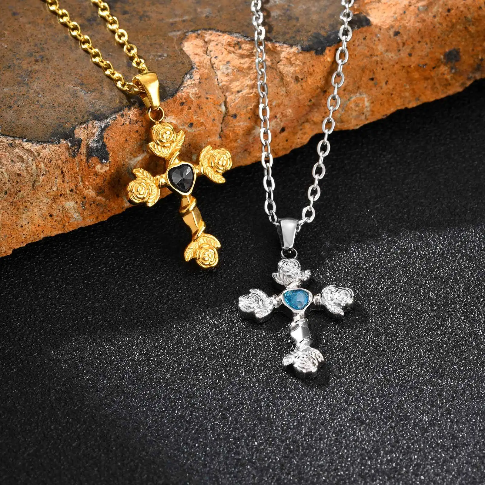 Gothic Rose Cross Necklace for Men Boys,Stainless Steel Blue Black Heart Zircon Pendant,Birthday Party Gift