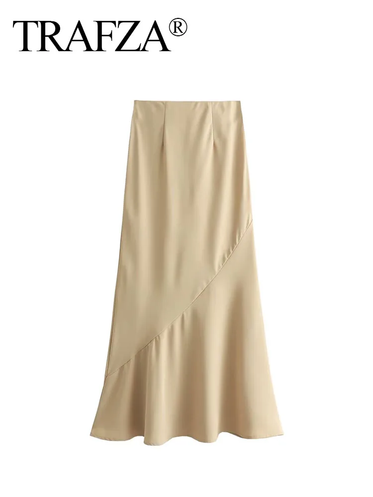 TRAFZA Summer Long Skirts Woman Trendy Khaki High Waist Asymmetrical A-Line Skirt Female Elegant Slim Ankle-Length Skirts