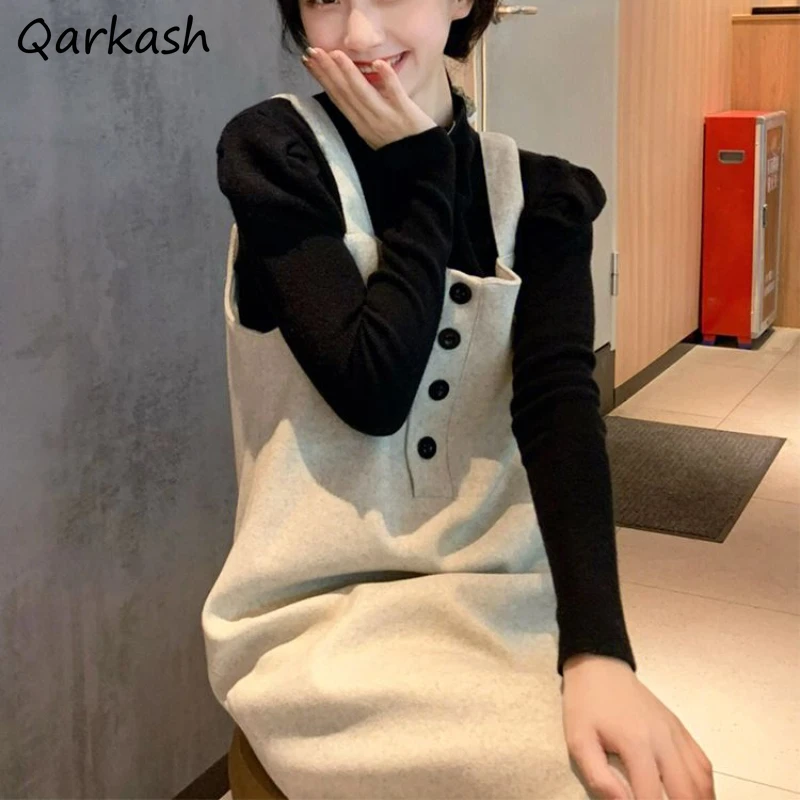 

Dresses Women Solid A-line Korean Fashion Streetwear All-match Spring Autumn Vestidos Knitted Sweet Lovely Girls Chic Sundress