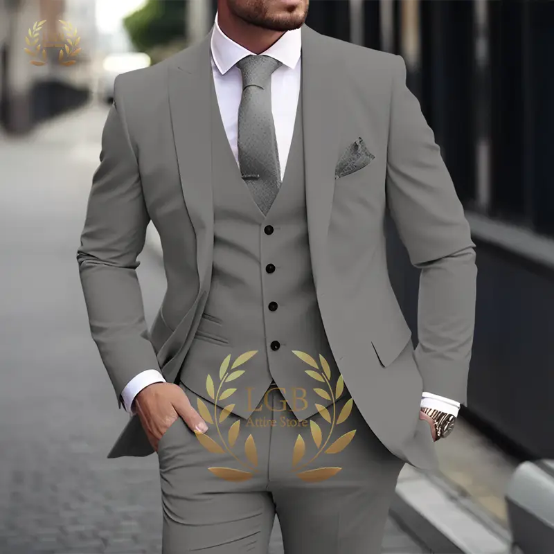 Men's Khaki 3-Piece Suit Classic Peak Lapel Business Formal Wedding Groom Slim Fit Elegant Gentleman Style Fashion Blazer - Image 4