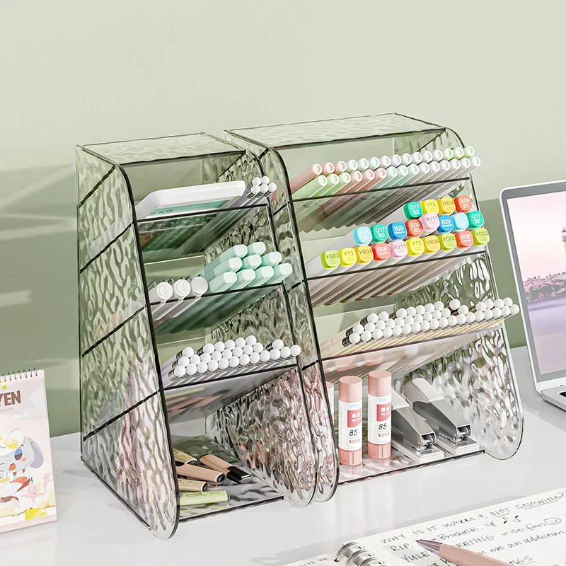 Large Capacity Slanted Pen Holder Transparent Desktop Organizer Students Desk Storage Stationery Organizer Compartments