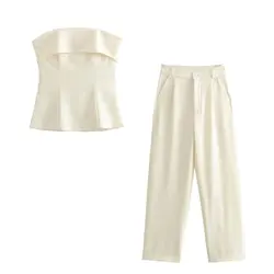 TRAFZA 2024 Spring SummerWomen Casual Solid Suits Strapless Zipper Slim Vests+High Waist Zipper Pants Fashion Women Vintage Suit