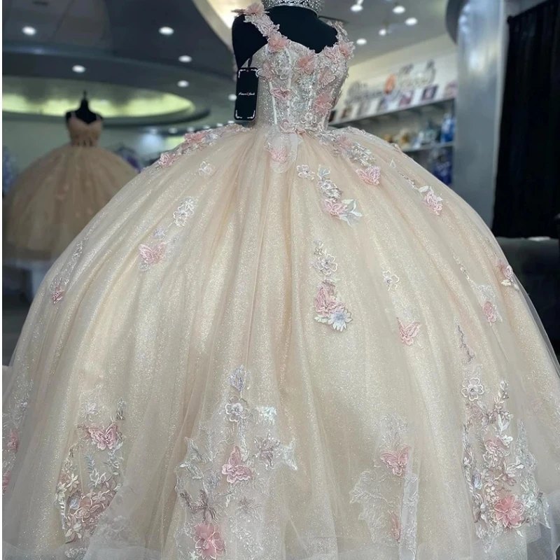 

Champagne Off The Shoulder Appliques Lace Ball Gown Quinceanera Dresses 3D Butterfly Corset Vestidos De 15 Años