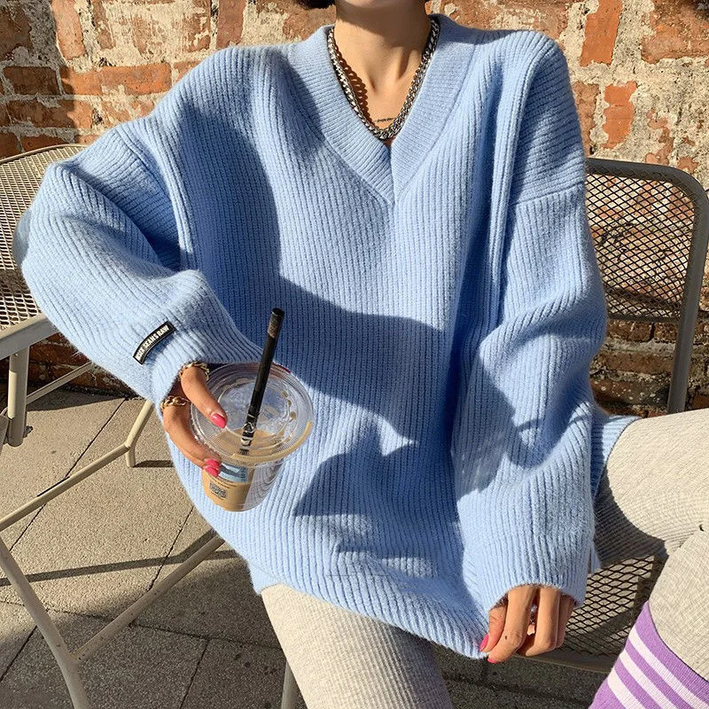 Autumn Winter New Thickened Warm V-Neck Sweater Women's Solid Color Loose Lazy Wind Thin Top  2021 brown sweater Sweaters
