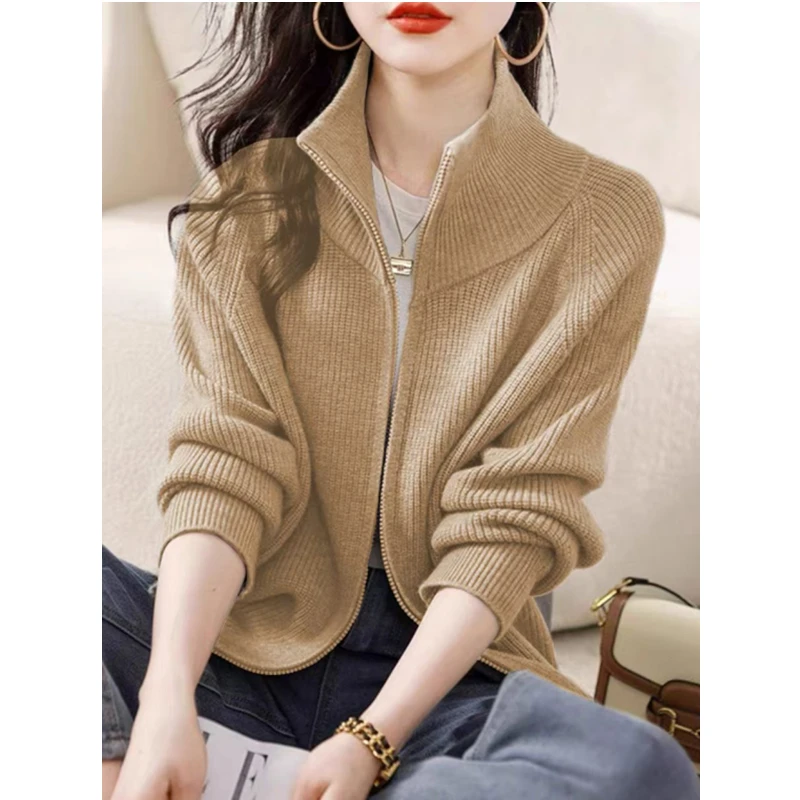New Fashion Knitted Cardigan Zipper Women's Sweater Turtleneck Solid Color Elegant Long-sleeved Jacket